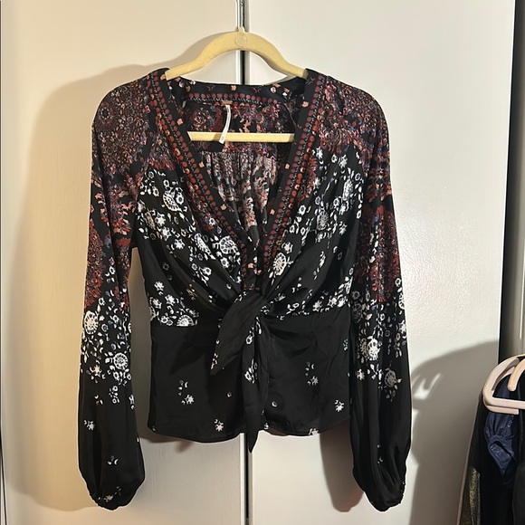 Free People Black Wrap Blouse with Fitted Long Sleeves - Picture 1 of 12